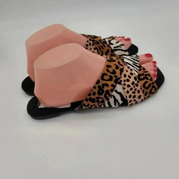 New Qupid Ladies Animal Print Leopard Sandals Slide On Sz 8 Shoes Brown Black - Picture 3 of 9